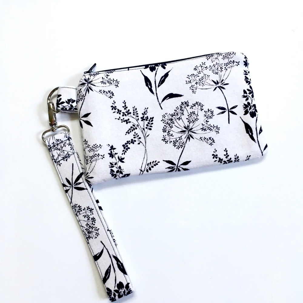 Flower Wristlet Handcrafted Black and White, Handmade, Nature Print, Spring